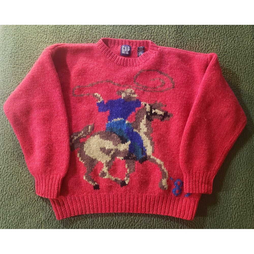 Vtg GAP 1989 Hand Knit Horse Rodeo Cowboy Shetland Wool Cowichan Sweater 80s